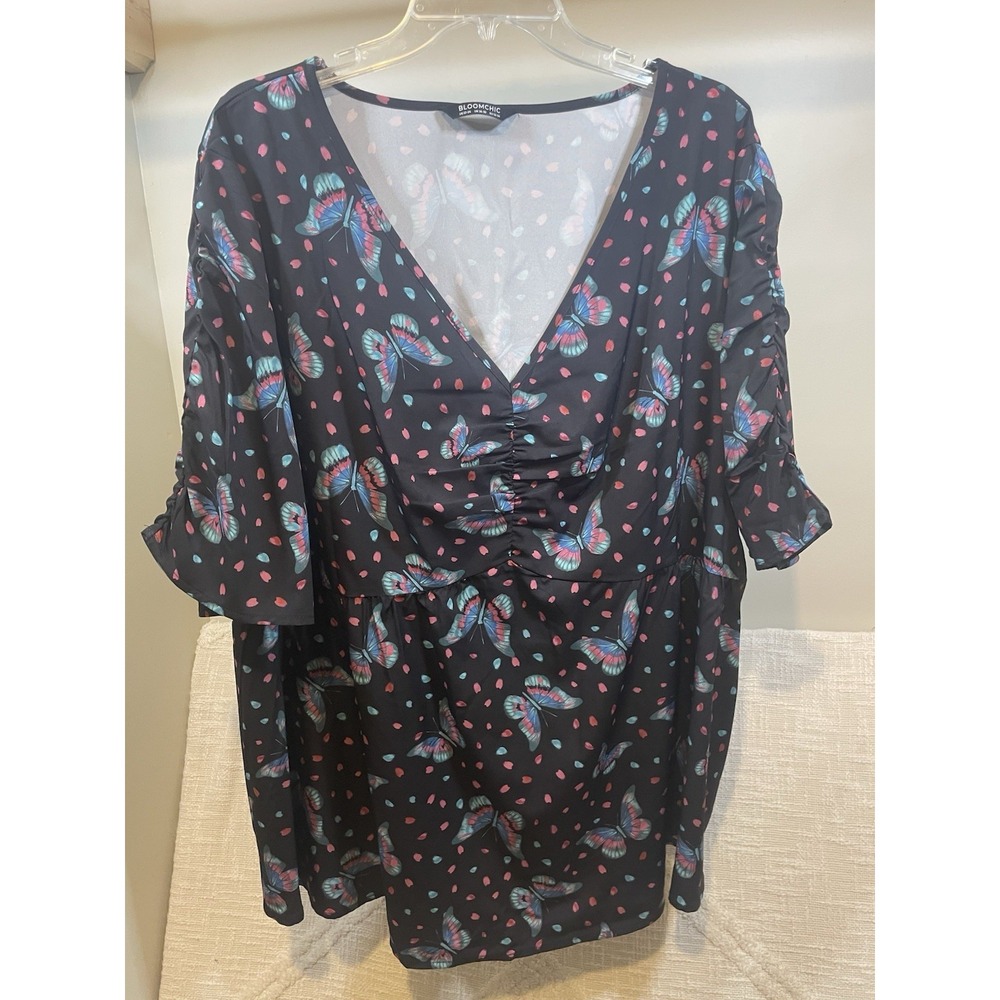 Bloomchic Colorful Butterfly Black VNeck Short Sleeve Babydoll Top 3x Whimsigoth